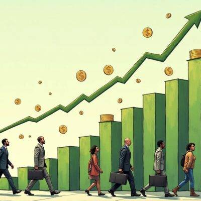 An illustration of an ascending graph with green bars representing growth, surrounded by dollar signs and coins floating upwards; at the top left corner is a globe with a rising line connecting it to the chart below; on the right side there's a building in the background that resembles a financial institution. In front of this structure are several people from different ethnicities holding briefcases or laptops while walking towards the graph, conveying movement and growth. The overall atmosphere is one of optimism and expansion.