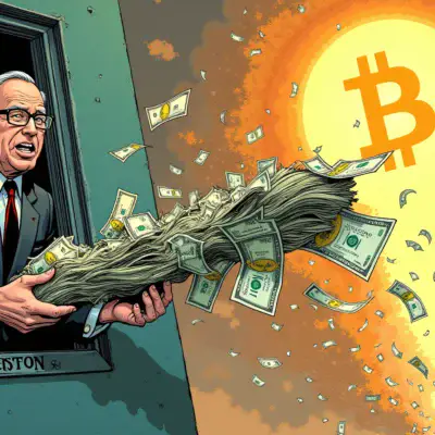 A billionaire investor is shown throwing money out of a window into an abyss labeled 'Bitcoin Fad', with $2.5 million written on each bill as it falls away to nothingness.