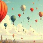 An illustration depicting 20 balloons floating upwards with varying levels of deflation; some have popped while others remain inflated but at different heights indicating their relative success or failure. A large balloon dominates the center and is nearly fully inflated representing Morpho's significant funding round. The background features a subtle image of a market downturn, represented by falling stocks and coins. In the distance, several smaller balloons are seen floating away from each other as they disintegrate into tiny pieces signifying their demise in an unprofitable venture.