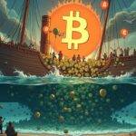 An illustration of a sinking ship with its hull cracked open revealing an endless pit below filled with inflating balloons labeled as dollars and coins falling into the void; above water level, people are throwing more money in while some look on from the shore. In the background, there is a faint image of Bitcoin's logo surrounded by flames. The sky above has dark clouds indicating impending doom. A few seagulls fly away with dollar signs around their necks. On either side of the ship, two large arrows point downwards to emphasize its descent into despair.