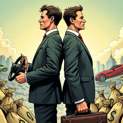 A comic illustration depicting two brothers standing back-to-back amidst a pile of moneybags with dollar signs flying out of them. One brother is holding a steering wheel, while the other holds an empty briefcase. In the background, a cityscape shows luxury cars and buildings in disarray as if crashing down.