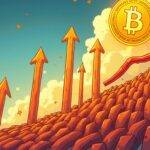 An illustration depicting an upward trending line with Bitcoin (BTC) at its peak, surrounded by altcoins like Ether (ETH), Sui (SUI), Bittensor (TAO), and Notcoin (NOT). The trendline is shown as a series of connected rising arrows. Each altcoin has a smaller version of the same arrow pointing upwards from it towards BTC indicating their upward movement in relation to Bitcoin's price surge.
