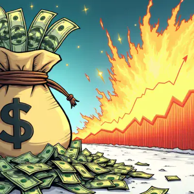 A cartoonish illustration depicting a giant money bag overflowing with $100 bills, while nearby a graph shows an explosive upward trend line representing the crypto market's growth over 236 days.