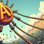 An illustration of an Aave logo being pulled up by multiple ropes from different directions with each rope representing one lending and borrowing protocol (Base, Arbitrum, Polygon) while in the background there is a rising graph showing growth and recovery for DeFi protocols. The scene depicts chaos but also shows resilience as the Aave logo keeps going upwards despite all forces acting upon it. In the foreground, some ropes are broken or cut off with coins falling from them indicating losses still present within the market.