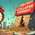 An illustration: A cartoon crypto trading and lending platform (Abra) with an alarm clock ringing in front of it. The platform is shown as crumbling down into pieces while a red "Collapse Imminent" sign appears above the scene, amidst falling coins and dollar signs. In the background, people are running away from the collapsing structure, looking worried or panicked. A few investors can be seen holding their heads in despair, surrounded by scattered papers with numbers on them. The atmosphere is chaotic and tense, conveying a sense of urgency and warning to withdraw funds immediately.