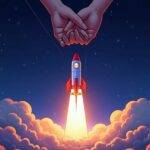 An illustration of a rocket blasting off into space leaving behind a trail of smoke while above it is an image of two hands holding each other with their fingers intertwined. The background has subtle gradient colors transitioning from blue to purple representing night sky, in front of the rocket there are faint lines resembling speed and motion blur effect giving sense of movement. In the foreground on either side of the hands a small Ethereum logo appears as if being left behind by the departing smoke trail.