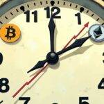 An illustration of a clock with hands moving very slowly. The background shows two lines representing the paths of Bitcoin and Ether prices on a graph that has not moved much since February lows. A small image of Solana's logo is stuck to one side of the clock face while another smaller image of Bitcoin is attached near the 12 o'clock mark, both with faint arrows pointing upwards but moving very slowly towards their respective price targets marked by two red lines on either side of each graph line. The overall atmosphere conveys a sense of delay and stagnation.
