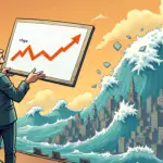 A cartoon analyst stands at a podium, wearing a confident expression and holding an oversized chart that shows a rapidly increasing price line for ether. In the background, a cityscape is depicted in chaos as buildings crumble beneath rising waves labeled 'hype' and 'speculation'. Meanwhile, other analysts are shown looking on with varying degrees of skepticism.