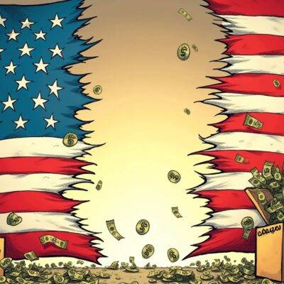 An illustration of an American flag with its stripes torn apart by two opposing winds labeled 'Trump' on one side and 'Biden' on the other; in the background, dollar signs are swirling around each other as they fall from above. A large Beanie Baby is seen floating near the top left corner while a 401k box at the bottom right has its contents spilling out into chaos. The flag's colors have faded to indicate decline and instability. In the center of the illustration lies an empty space with dollar signs scattered around it, symbolizing uncertainty in economic trends.