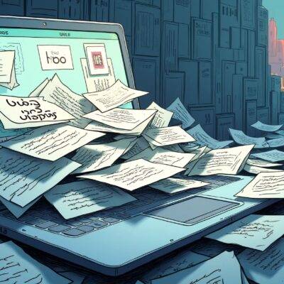 An illustration of an overcrowded inbox with various emails from different streaming platforms, some marked 'read' while others are highlighted as spam or deleted; a small window shows the Myco logo amidst chaos. In the background, several blocks representing the Web3 infrastructure slowly assemble into a more organized structure. A faint image of Aptos blockchain appears in the distance. The overall scene is depicted in muted colors with an emphasis on blues and greys to convey a sense of clutteredness and disorganization.
