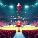 An illustration of an empty stadium with 25% filled seats on one side representing low voter participation; another side is packed full but all are wearing masks symbolizing security measures against governance attacks; a large ARB token in the center surrounded by smaller stARB tokens and various DeFi application icons, while sequencer fees flow from it. The background features an Ethereum logo with two layers: a darker layer representing Arbitrum on top of the lighter one for Ethereum. A temperature gauge is shown at 91% filled near the stadium entrance;