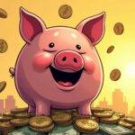 An illustration of a smiling piggy bank with an open mouth full of coins surrounded by dollar signs floating in mid-air; it is standing on top of a pile of Argentine pesos and cryptocurrencies, all amidst a sunny landscape with palm trees swaying gently in the breeze. The background features a subtle image of Buenos Aires' iconic Obelisco de Buenos Aires monument at sunset. A faint outline of an exchange rate chart can be seen above the piggy bank's head.