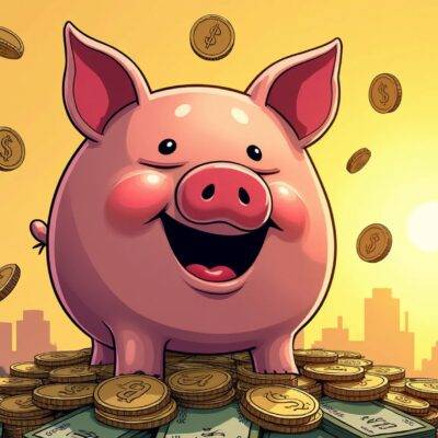 An illustration of a smiling piggy bank with an open mouth full of coins surrounded by dollar signs floating in mid-air; it is standing on top of a pile of Argentine pesos and cryptocurrencies, all amidst a sunny landscape with palm trees swaying gently in the breeze. The background features a subtle image of Buenos Aires' iconic Obelisco de Buenos Aires monument at sunset. A faint outline of an exchange rate chart can be seen above the piggy bank's head.