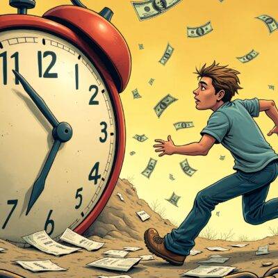 An illustration of a person running away from an oversized clock that is chasing them while in the background there are falling coins and dollar bills, representing money being lost due to time pressure. The runner's face shows panic as they look back at the approaching clock with fear. In front of the runner lies scattered papers with cryptic symbols resembling cryptocurrency codes mixed with broken chains symbolizing freedom from scams but also a sense of loss. A faint image of an Arizona map can be seen in the background, subtly hinting at the geographical context of the warning.