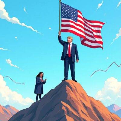 An illustration depicting Donald Trump standing on top of a mountain range in front of an American flag waving high up above him while Kamala Harris is shown at his feet looking down defeated as the background shows various graphs and charts showing rising numbers indicating a landslide victory for Trump. The scene is set against a bright blue sky with white fluffy clouds, symbolizing optimism and hope but also chaos and unpredictability in the form of scattered stormy weather symbols like lightning bolts and whirlwinds around him.