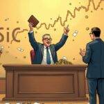 An illustration of a court judge wearing glasses with one lens missing, holding up an empty wallet while pointing at a cryptocurrency chart plummeting downwards. A faint image of ASIC's logo is seen on the wall behind him in disarray. The courtroom floor has scattered papers labeled 'penalty' and 'fine'. In the background, people are shown running away from falling coins with worried expressions. On one side of the judge stands Block Earner CEO Charlie Karaboga smiling while holding a briefcase full of money; on the other side ASIC's representatives look dejected as they hold empty pockets.