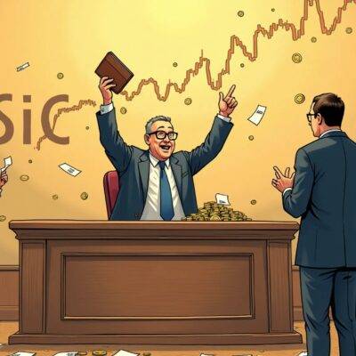 An illustration of a court judge wearing glasses with one lens missing, holding up an empty wallet while pointing at a cryptocurrency chart plummeting downwards. A faint image of ASIC's logo is seen on the wall behind him in disarray. The courtroom floor has scattered papers labeled 'penalty' and 'fine'. In the background, people are shown running away from falling coins with worried expressions. On one side of the judge stands Block Earner CEO Charlie Karaboga smiling while holding a briefcase full of money; on the other side ASIC's representatives look dejected as they hold empty pockets.