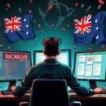 An illustration of a hacker in sunglasses sitting at a computer with screens displaying various cryptocurrency wallets being hacked. The hacker is surrounded by broken chains representing compromised security while Australian flags are torn apart behind them. A giant red "X" marks the screen where an Aussie wallet was recently stolen, and nearby Chainalysis logos represent collaboration against scammers. In the background, cryptic symbols hint at billions of dollars lost worldwide to approval phishing scams since May 2021.