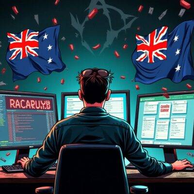 An illustration of a hacker in sunglasses sitting at a computer with screens displaying various cryptocurrency wallets being hacked. The hacker is surrounded by broken chains representing compromised security while Australian flags are torn apart behind them. A giant red "X" marks the screen where an Aussie wallet was recently stolen, and nearby Chainalysis logos represent collaboration against scammers. In the background, cryptic symbols hint at billions of dollars lost worldwide to approval phishing scams since May 2021.