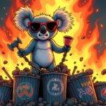 An illustration of an angry koala in sunglasses standing on top of a pile of trash cans with broken chains around them. The background is filled with cartoonish flames engulfing the remains of several websites and social media logos, while ASIC's logo shines brightly above it all. A faint image of a cryptocurrency symbol can be seen amidst the chaos as if being chased away by the koala. In one hand, the koala holds a hammer used to break chains, and in the other, a megaphone that emits sound waves towards the flames.