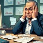 An illustration of an exasperated man with his head in hands sitting at a desk surrounded by scattered papers and empty coffee cups next to a computer screen displaying multiple pop-up windows showing various scam websites; he is wearing a suit but has undone the top button, indicating stress; on the wall behind him there are several screens displaying charts plummeting downwards. In the foreground of the illustration, his phone lies face down with an X app open and notifications flashing red as if hacked into by someone else.