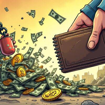 An illustration: A cartoonish figure is shown holding an overflowing wallet with cash spilling out onto the ground as they look on in shock; nearby are scattered coins representing cryptocurrency tokens. The background features a chaotic scene of falling assets, broken chains, and other elements suggesting financial turmoil. In contrast to this chaos, there's also a small image of Grayscale’s logo subtly integrated into the design, hinting at its connection to the events unfolding before us.
