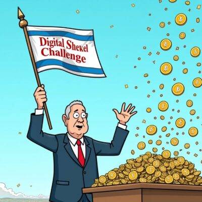 An illustration: A cartoon central banker stands at a podium with an overflowing money bin behind him; he's surrounded by digital currency symbols floating away like confetti. In his hand, he holds a checkered flag marked "Digital Shekel Challenge" as the background shows Israel in the distance with various fintech logos scattered around it. The scene is set against a bright blue sky filled with tiny payment system icons flying upwards towards him. A few of these symbols have already landed on top of the money bin, which has started to overflow even more due to their weight.