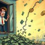 An illustration: A cartoon Dave Portnoy standing at an open window with money flying out of it; a large pile of cash is on the ground below him; he's looking down worriedly as bitcoin coins float upwards into the sky. In the background, there are falling dollar signs and broken chains to represent his loss of wealth due to cryptocurrency investments gone wrong. A faint image of Donald Trump can be seen in the distance with a rocket ship behind him, symbolizing Portnoy’s speculation about potential future gains if Trump wins the election;