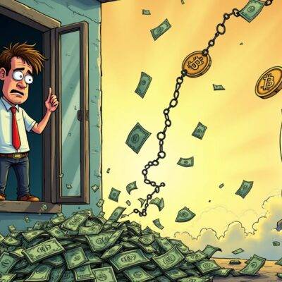 An illustration: A cartoon Dave Portnoy standing at an open window with money flying out of it; a large pile of cash is on the ground below him; he's looking down worriedly as bitcoin coins float upwards into the sky. In the background, there are falling dollar signs and broken chains to represent his loss of wealth due to cryptocurrency investments gone wrong. A faint image of Donald Trump can be seen in the distance with a rocket ship behind him, symbolizing Portnoy’s speculation about potential future gains if Trump wins the election;