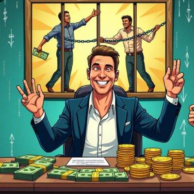 An illustration: A cartoon banker sitting at a desk with stacks of money and coins in front of him; he looks pleased while holding up one coin as if celebrating something; behind the desk there's an image of two people trying to reach for some cash but being blocked by bars or chains, suggesting they are restricted from accessing their own funds. The scene is set against a backdrop with cryptic symbols and lines that resemble blockchain patterns in various colors. In contrast, on one side of the banker sits another figure who looks frustrated while holding up an empty wallet;