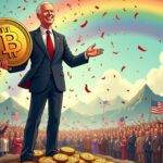 An illustration of a smiling Joe Biden holding an oversized Bitcoin coin with confetti falling around him while standing on top of a mountain range, surrounded by people waving American flags. In the background is a large crowd cheering in unison. A rainbow-colored arc stretches across the sky above them all. The scene depicts joy and celebration but also hints at controversy through subtle facial expressions among some members of the crowd. At Joe Biden's feet are scattered various cryptocurrency symbols like Ethereum, Litecoin, etc., symbolizing his connection to the industry.