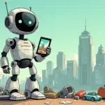 A cartoon robot, resembling a cross between Rosie from The Jetsons and R2-D2, stands proudly in front of a cityscape with skyscrapers labeled 'Microsoft', 'Nvidia' and other tech giants. In the foreground, various household items such as vacuum cleaners, toasters and blenders are scattered around the robot's feet, while it holds up a small tablet displaying an image of a futuristic kitchen.