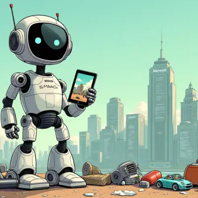 A cartoon robot, resembling a cross between Rosie from The Jetsons and R2-D2, stands proudly in front of a cityscape with skyscrapers labeled 'Microsoft', 'Nvidia' and other tech giants. In the foreground, various household items such as vacuum cleaners, toasters and blenders are scattered around the robot's feet, while it holds up a small tablet displaying an image of a futuristic kitchen.
