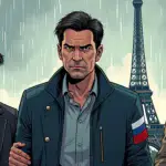 A comic illustration of a billionaire tech mogul (depicted as Pavel Durov) being led away in handcuffs by French authorities while looking unimpressed, with the Eiffel Tower looming in the background amidst a drizzly grey sky. A faint image of Russia's coat of arms is visible on his jacket sleeve.