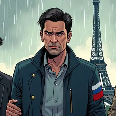 A comic illustration of a billionaire tech mogul (depicted as Pavel Durov) being led away in handcuffs by French authorities while looking unimpressed, with the Eiffel Tower looming in the background amidst a drizzly grey sky. A faint image of Russia's coat of arms is visible on his jacket sleeve.
