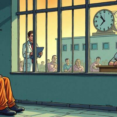 An illustration of a man in prison attire sitting alone in his cell with bars around him looking worried as he holds onto an empty wheelchair, outside his window there's a doctor standing holding a clipboard but not entering while behind them the judge sits at their desk writing. In the background is a hospital building and on top of it are two clocks showing different times one stopped at 24 hours and another moving forward in time with people running around frantically below.
