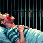 A comic illustration depicting a person in prison attire sitting on a hospital bed with IV tubes and medical equipment surrounding them. The figure's face contorts in pain while they clutch their throat due to severe tonsillitis, represented by red inflamed tissue. In the background, bars of a cell block stretch out into darkness, symbolizing isolation.
