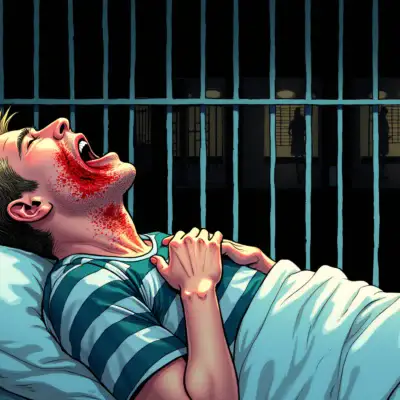 A comic illustration depicting a person in prison attire sitting on a hospital bed with IV tubes and medical equipment surrounding them. The figure's face contorts in pain while they clutch their throat due to severe tonsillitis, represented by red inflamed tissue. In the background, bars of a cell block stretch out into darkness, symbolizing isolation.