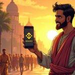 An illustration of an Indian man wearing traditional clothing and holding a smartphone with the Google Play Store open on it showing Binance's logo. In the background is a cityscape at sunset with people walking down streets looking happy but oblivious to their surroundings as they stare into space in front of them, one person has coins falling out of his pocket while another holds an empty wallet. The man holding the smartphone looks concerned and worried about what he sees on screen.