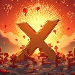 An illustration of a giant Binance logo standing proudly amidst the Chinese characters for "X" (a social media platform) while smaller logos representing other cryptocurrency exchanges are scattered at their feet in disarray; above them is an image of China's Great Wall with a faint outline of Hong Kong visible on its horizon. The scene is set against a backdrop that resembles traditional Chinese silk fabric, and the atmosphere is one of triumphal celebration as fireworks explode around Binance logo amidst fluttering red lanterns.