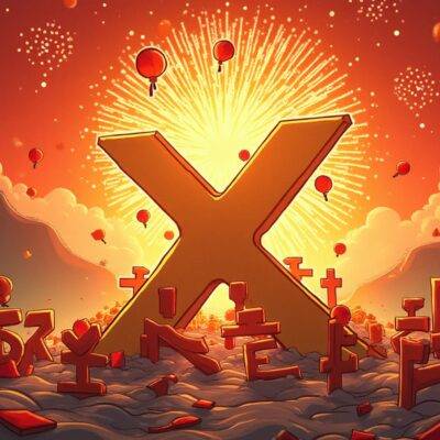 An illustration of a giant Binance logo standing proudly amidst the Chinese characters for "X" (a social media platform) while smaller logos representing other cryptocurrency exchanges are scattered at their feet in disarray; above them is an image of China's Great Wall with a faint outline of Hong Kong visible on its horizon. The scene is set against a backdrop that resembles traditional Chinese silk fabric, and the atmosphere is one of triumphal celebration as fireworks explode around Binance logo amidst fluttering red lanterns.