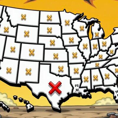 An illustration: A map of 32 US states with a red 'X' marked through it in each state where Binance US has lost its money transmitter license. In contrast, some other states are shown as green dots indicating they still have active licenses for the crypto exchange. The image also features an empty wallet and coins scattered around on the ground symbolizing financial losses due to non-compliance issues with regulatory requirements. A broken chain in the background represents a lack of trust among investors following Binance US' legal troubles involving former CEO Changpeng Zhao (CZ).