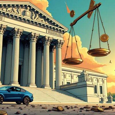 An illustration of the US Court building with scales tipping to one side as a coin falls off; below: Binance.US and CoinMarketCap logos are shown being pulled by strings held by figures dressed in suits representing investors; HEX token is depicted at the bottom, falling down like an object dropped from above. A diamond ring lies nearby on the ground amidst broken watches and cars. The scene takes place against a backdrop of descending lines resembling stock prices plummeting. In the distance: Richard Heart's figure stands alone looking away with his back turned to the chaos he created