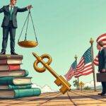 An illustration of a confident-looking lawyer standing on top of a pile of books, with scales of justice balanced above them. The SEC is represented by two bureaucratic figures in the background, looking down at their feet while holding briefcases. A large key unlocks one side of the balance scale as it tips towards the lawyer's favor. In the foreground, Binance US and Consensys Software logos are subtly integrated into a pattern on the floor tiles below. The scene is set against a backdrop of American flags waving in the wind.