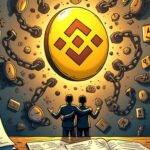 An illustration of Binance's logo being handed over to a smiling Brazilian regulator amidst a backdrop of ticking clocks, calendars, and dollar signs. The exchange is depicted in chains made from broken futures contracts, while its customers are shown looking relieved with their arms around each other. In the foreground, a calendar page turns to 2022 as a clock strikes midnight on January 1st
