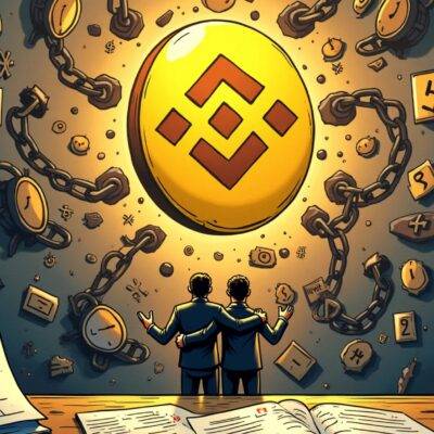 An illustration of Binance's logo being handed over to a smiling Brazilian regulator amidst a backdrop of ticking clocks, calendars, and dollar signs. The exchange is depicted in chains made from broken futures contracts, while its customers are shown looking relieved with their arms around each other. In the foreground, a calendar page turns to 2022 as a clock strikes midnight on January 1st