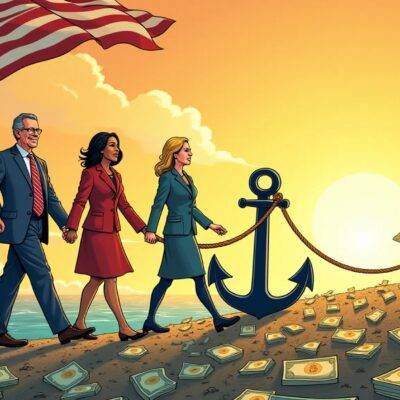 An illustration of a smiling Senator Chuck Schumer holding hands with Vice President Kamala Harris and Senators Kristen Gillibrand and Debbie Stabenow, all standing together in front of an American flag waving high above them as they walk towards the rising sun on top of a hill covered by dollar bills. In their other hand each is holding one end of a rope that connects to a large anchor symbolizing stability with cryptocurrency coins floating around it. The background has subtle waves and ripples, suggesting movement forward into an uncertain but hopeful future.