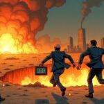 An illustration of two people running away from an explosion with flames rising behind them; one person holding onto a briefcase labeled "ETF" while the other is carrying a large sack marked "$". In the background, there's a cityscape with skyscrapers and buildings on fire. The sky above is darkened by smoke and ash clouds. A massive crater has formed in the ground where an explosion occurred earlier. Flames are licking at the edges of the crater as it smolders. To one side, two people stand watching from a distance; they're dressed in business attire but look worried.