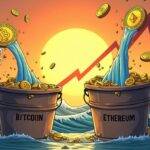 An illustration of two overflowing buckets with water pouring out from them, one labeled as 'Bitcoin' and another as 'Ethereum', both surrounded by coins floating upwards into the air; an upward trend line is visible behind. In the background, waves are depicted moving up towards a rising sun symbolizing growth and increase in value. The overall atmosphere of the scene conveys abundance, prosperity, and positivity. A subtle gradient effect gives depth to the image while maintaining its vibrant colors.