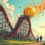 An illustration of a rollercoaster with bitcoin symbols (BTC) and dollar signs ($), rising in value as it climbs, while at its peak, several ETF logos are shown falling off the tracks amidst chaos, representing speculation and desperation. The background is filled with swirling financial charts and graphs. A calm landscape below shows investors watching from afar, seemingly unphased by the turmoil above. In contrast to the rollercoaster's chaotic ascent, a steady line of people walking towards it represents stability and confidence in their investment choices.